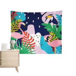 Tropical tapestry with pink flamingos and toucans on dark blue background hanging on wall