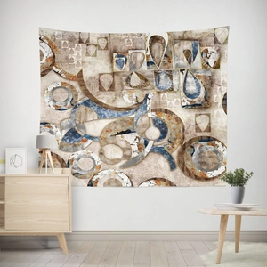 Detail of modern geometric tapestry with abstract rings and teardrop patterns for home decor