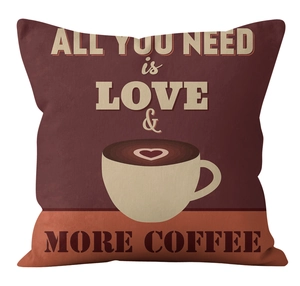 Close-up of linen coffee pillowcase with vintage lettering and heart latte art