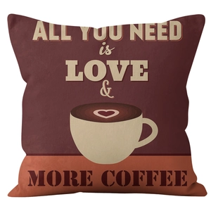 Linen coffee theme square pillow case with Love and Coffee print for sofa or office decor