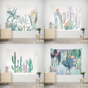 Nordic wall tapestry collection featuring various green plant and cactus designs for home decor