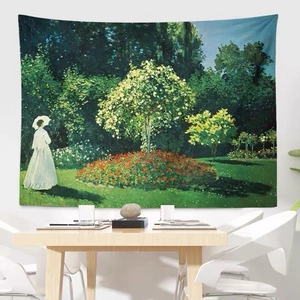 Monet Impressionist Oil Painting Tapestry Polyester Wall Hanging Art Landscape Lady Garden Japanese Bridge For Home Decor