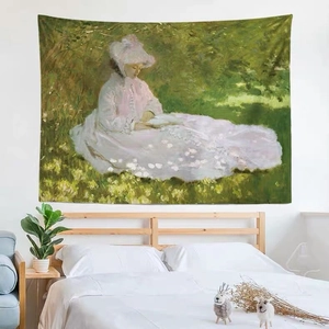 Impressionist oil painting tapestry of a woman in a garden for bedroom wall decor