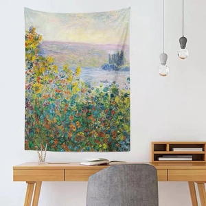Impressionist oil painting wall tapestry featuring lush flowers and lake for home decor