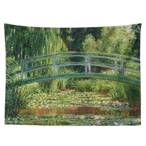 Detailed fabric texture of Claude Monet's Japanese Bridge impressionist wall tapestry