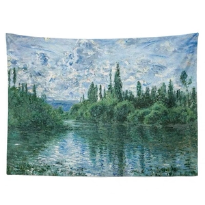 Artistic impressionist oil painting tapestry featuring a serene lake and lush green trees