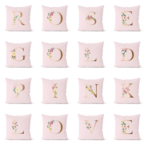 Pink Rose Gold Letter Floral Cushion Cover Polyester Square Pillow Case For Sofa Home Living Room Decor Decorative Pillowcase