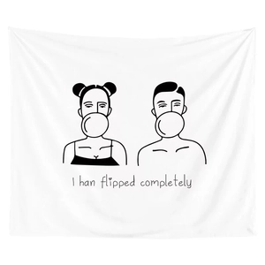 Detailed view of white polyester tapestry with minimalist line art of figures blowing bubbles