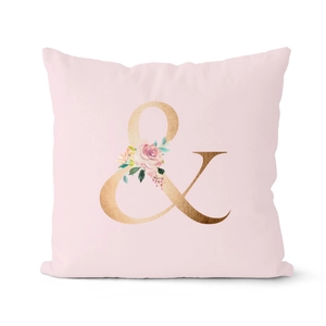 Pink square pillowcase with gold ampersand symbol and watercolor rose floral design