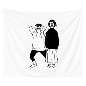 Modern minimalist white wall tapestry with black and white cartoon fashion figure illustration