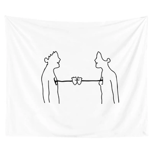 Minimalist black and white line art wall tapestry featuring romantic modern silhouette