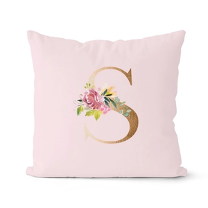 Pink rose gold letter S throw pillow case with floral decorative design for sofa