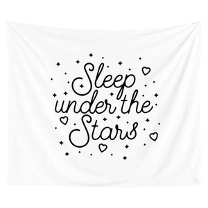 Detailed macro view of minimalist white wall tapestry with Sleep under the Stars print