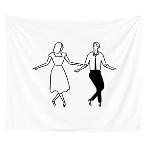 Minimalist white wall tapestry showing black line art of a dancing couple dancing