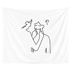 Modern minimalist white line art tapestry with abstract figure for room wall decoration
