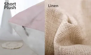 Texture comparison showing soft short plush with hidden zipper and natural woven linen fabric
