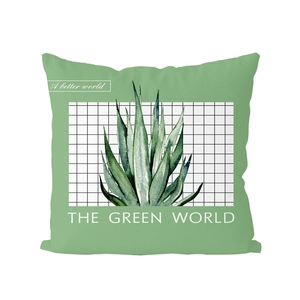 Grüner Kissenbezug mit Pflanzenmuster und The Green World Text auf Gitterhintergrund