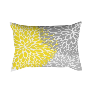 Fodera per cuscino lombare con motivo floreale geometrico giallo e grigio su sfondo bianco