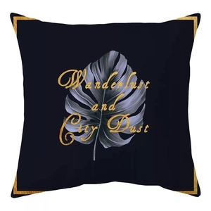 Nordic black geometric throw pillow cover with monstera leaf and gold typography