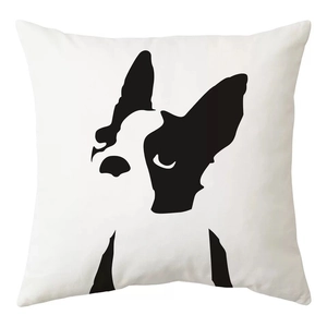 Detail view of a minimalist black Boston Terrier silhouette print on a white cushion cover