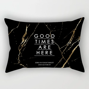 Nordic gold marble lumbar pillow cover with Good Times Are Here quote and black marble texture