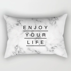 Nordic lumbar pillowcase with marble pattern and Enjoy Your Life text on white fabric