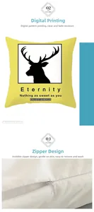 Detail of hidden zipper and digital elk print on yellow geometric cushion cover