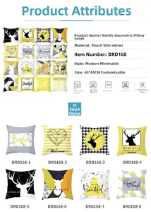 Detailed chart showing 45x45cm peach skin fabric cushion covers with geometric patterns