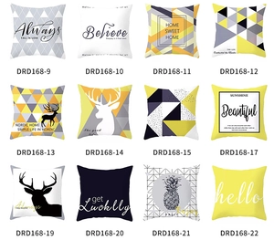 Collage of 12 Nordic geometric cushion covers in yellow and blue modern patterns