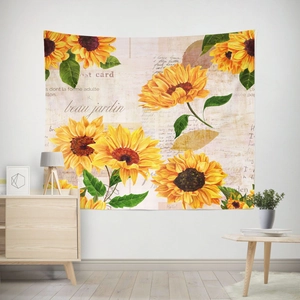 Detailed view of sunflower tapestry featuring vintage postcard art and French handwriting