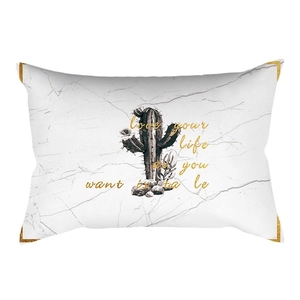 Nordic white marble pillowcase with golden cactus print and geometric lumbar support design