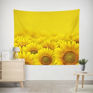 Large sunflower field wall tapestry for room decor on a clean white wall