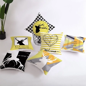 Set of 6 yellow geometric Nordic cushion covers with deer and abstract art patterns