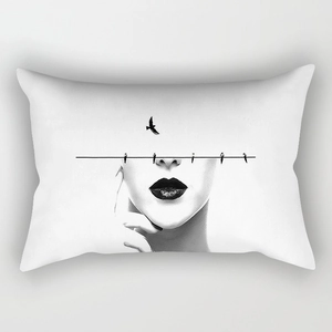Modern minimalist black and white geometric art pillowcase with surreal bird pattern