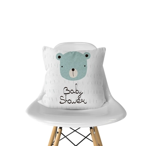 Detailed close-up of a white Nordic baby shower cushion cover with a blue bear print