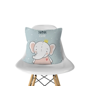 Detail of light blue Nordic cartoon elephant cushion cover on a minimalist chair