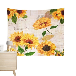 Vintage sunflower tapestry wall hanging with retro postcard and yellow flower design