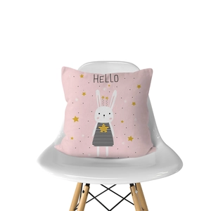 Detail of pink Nordic pillowcase featuring a cute cartoon rabbit and Hello typography