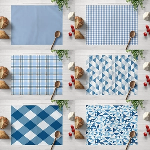 Blue Geometric Plaid Placemat Heat Resistant Cotton Linen Rectangle Dining Table Mat Waterproof Home Kitchen Nordic Decor