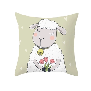 Nordic cartoon square cushion cover with cute sheep and tulips for kids' room decor