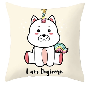Nordic style cartoon Dogicorn throw pillow cover in cream white with rainbow star design