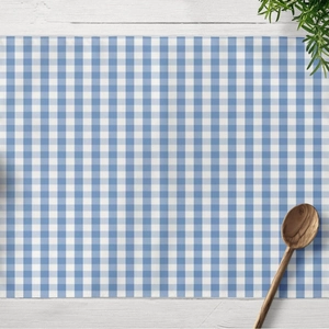 Blue geometric gingham linen placemat for dining table heat resistant and waterproof