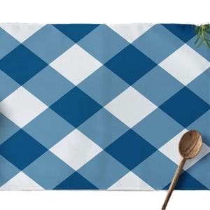 Rectangle blue geometric plaid placemat with heat insulation and linen texture