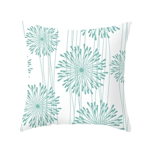 Square white pillowcase featuring blue dandelion floral patterns and fringe details