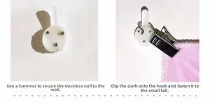 Detail showing non-marking wall hooks and metal clips for hanging tapestries easily