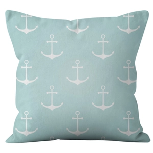 Housse de coussin en lin bleu clair nautique avec motif géométrique d'ancre blanche