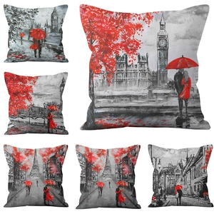 Housse de Coussin Lin Coton Londres Big Ben Paris Tour Eiffel Peinture Huile Couple Romantique Parapluie Rouge Décorative