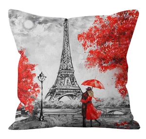 Détail de l'imprimé artistique Tour Eiffel sur une housse de coussin carrée de qualité