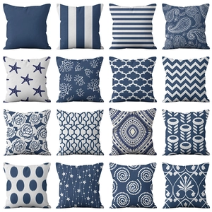 Navy Blue Linen Cushion Cover Square Throw Pillow Case For Sofa Home Decor Modern Ethnic Geometric Pattern Decorative Pillowcase