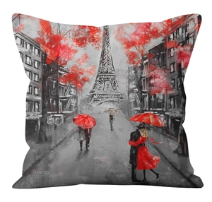 Gros plan détaillé d'une housse de coussin carrée avec Tour Eiffel et arbres rouges